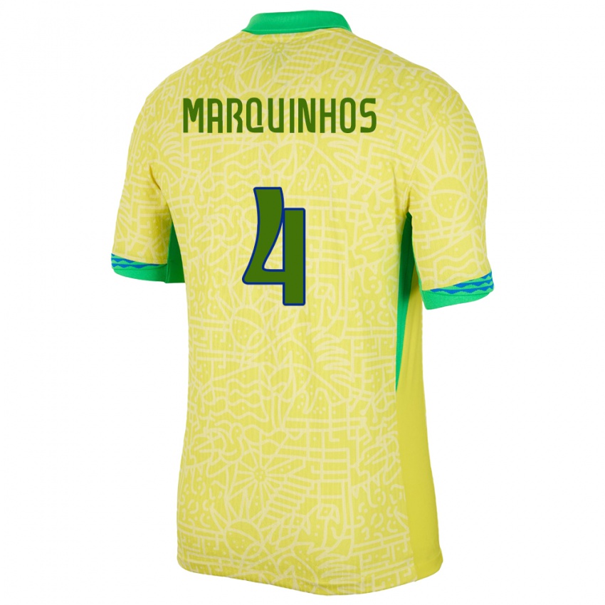 Dětské Brazílie Marquinhos #4 Žlutá Domů Hráčské Dresy 24-26 Dres